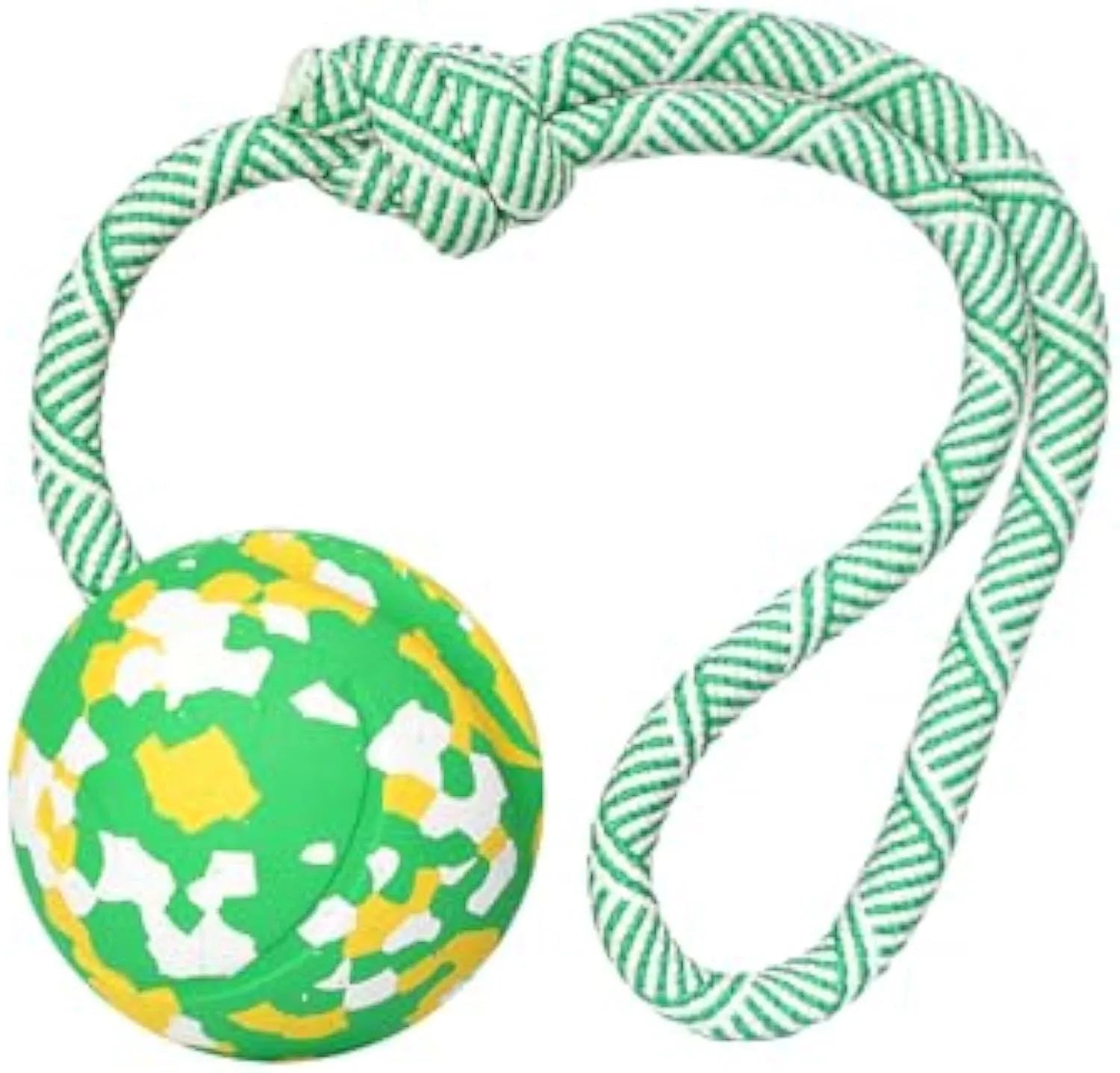 Natural rubber dog ball attached to a blue nylon rope for interactive fetch and tug toy