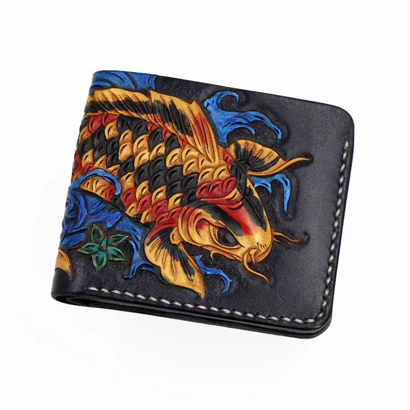 Men's carved leather short wallet in red, blue, or gold, showing open design.