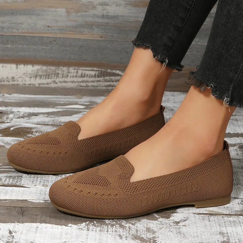 Fly woven mesh low-cut slip-on flat shoes for women in beige, round toe, rubber sole