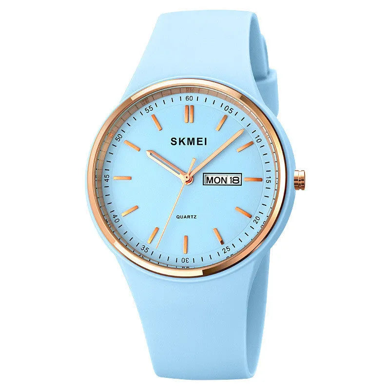 Women's quartz watch with silicone strap in multiple colours showing 42mm dial