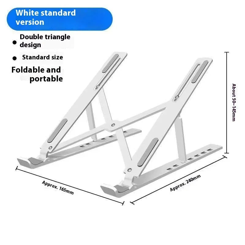 Silver aluminum folding laptop stand open on a desk with a laptop.