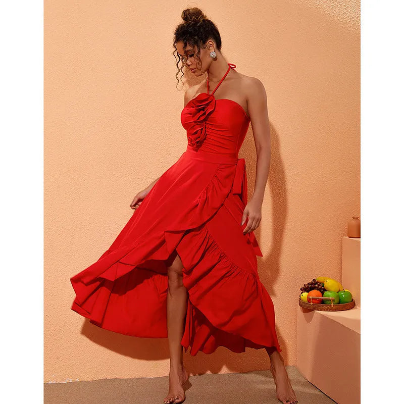 Red women's V-neck one-piece swimsuit with detachable flower and matching skirt on a mannequin