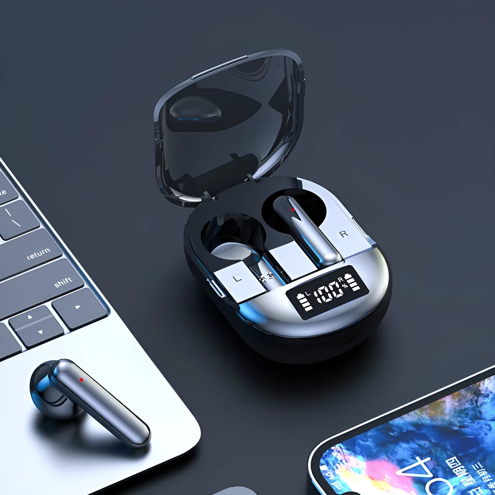 Black and white wireless Bluetooth earbuds with charging case showing digital display screen