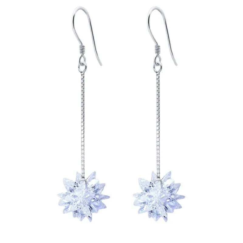S925 sterling silver ice flower long hook earrings in platinum colour with line detailing