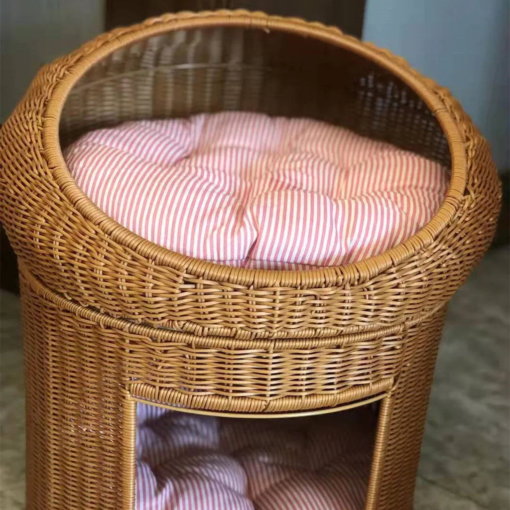 Beige rattan hanging cat basket with orange mat, ball diameter 42 cm, for large cats up to 16 kg