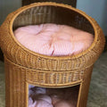 Beige rattan hanging cat basket with orange mat, ball diameter 42 cm, for large cats up to 16 kg
