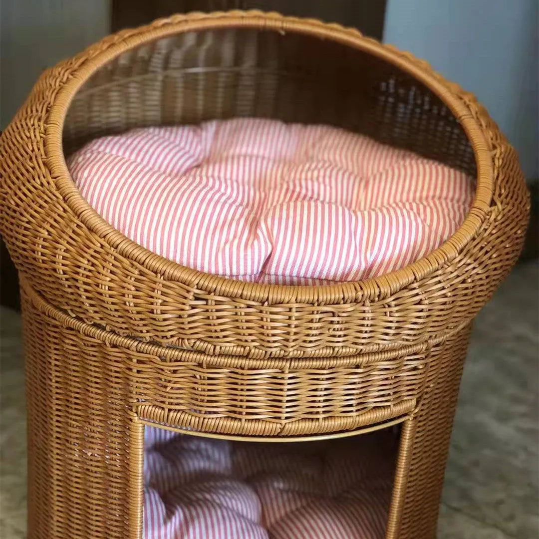 Beige rattan hanging cat basket with orange mat, ball diameter 42 cm, for large cats up to 16 kg