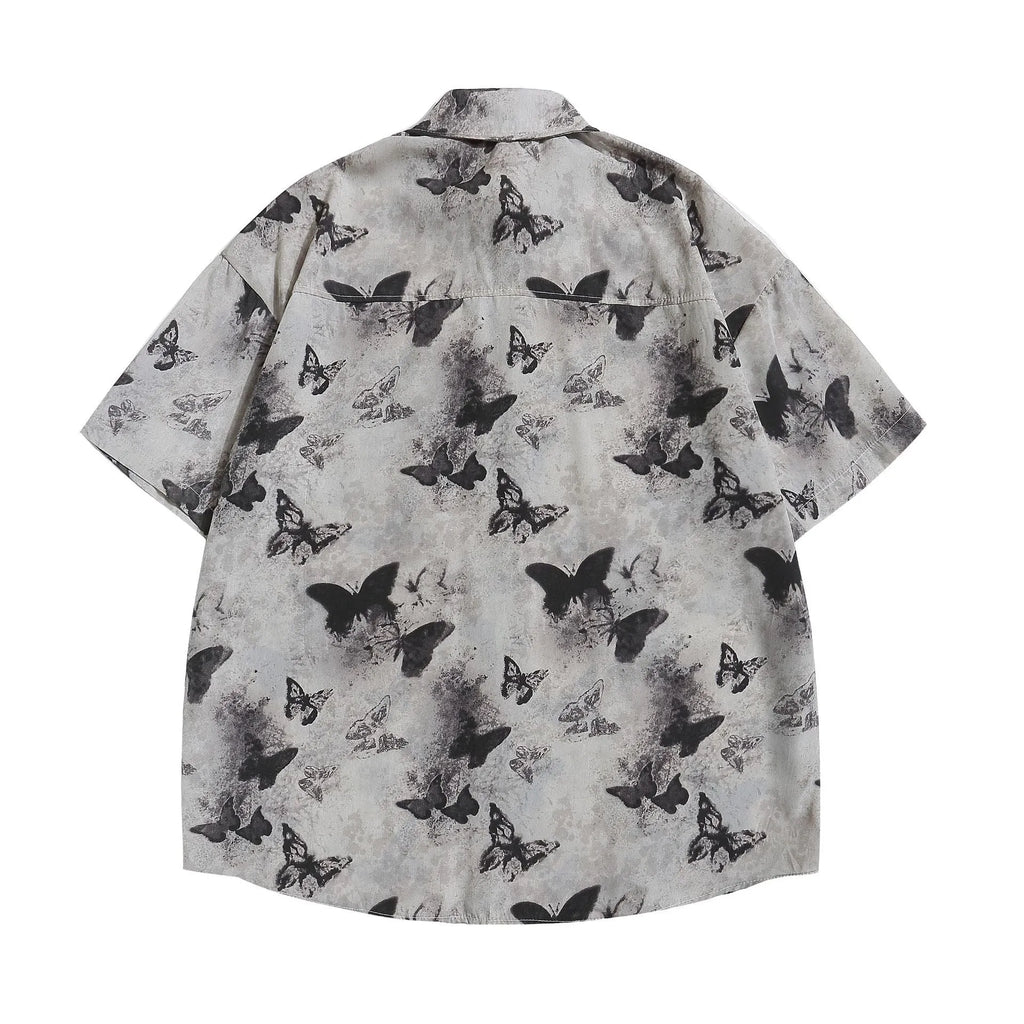 Loose fit butterfly pattern half sleeve polyester top in gray and khaki colour options
