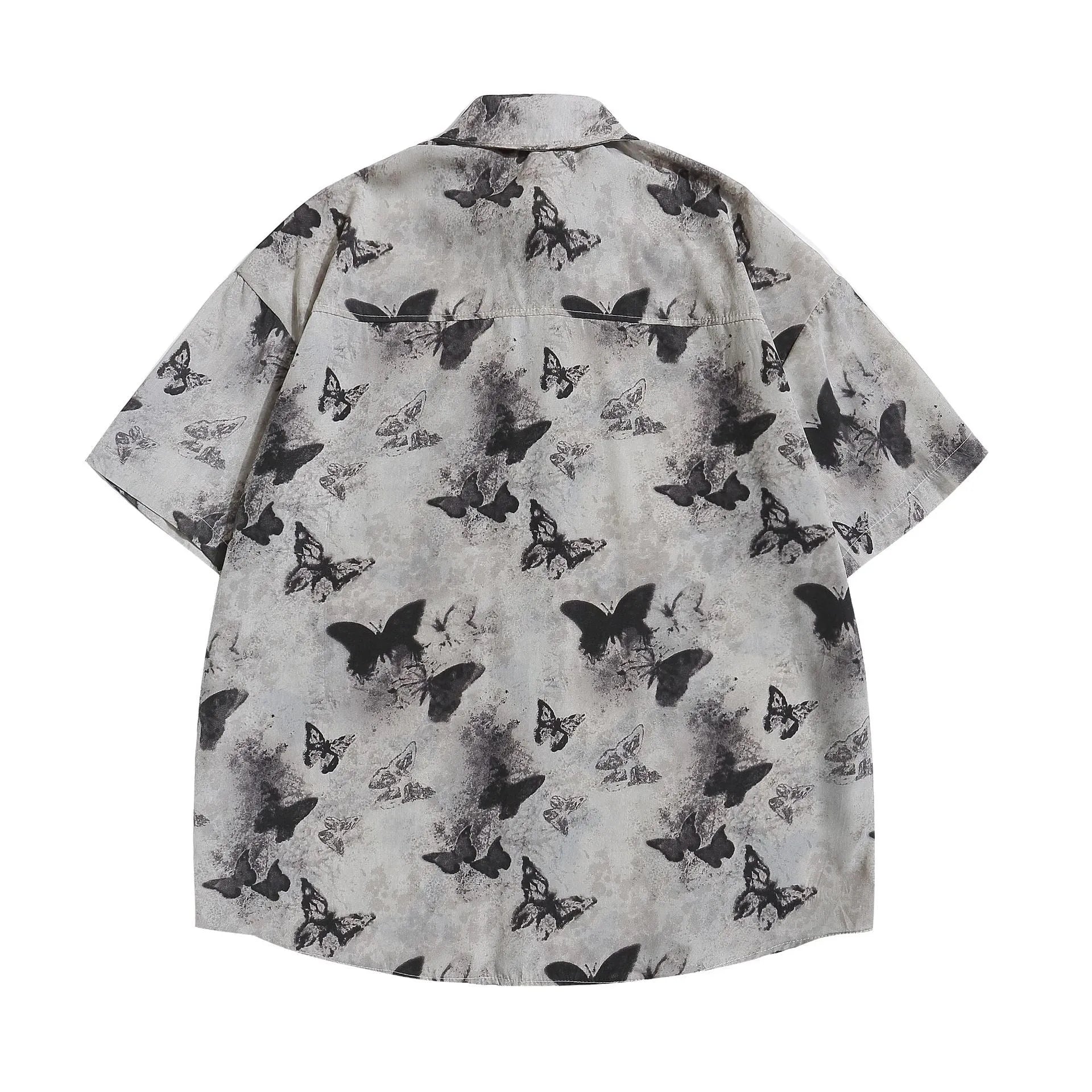 Loose fit butterfly pattern half sleeve polyester top in gray and khaki colour options