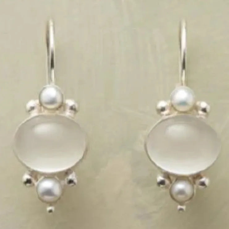 Silver round crystal eardrops with artificial pearl and geometric petal design on alloy base