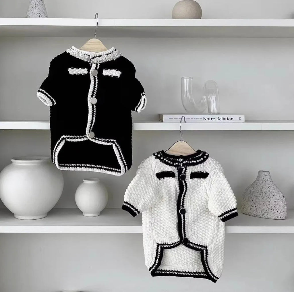 Korean style dog sweater with pearl collar in classic black colour on small breed pet