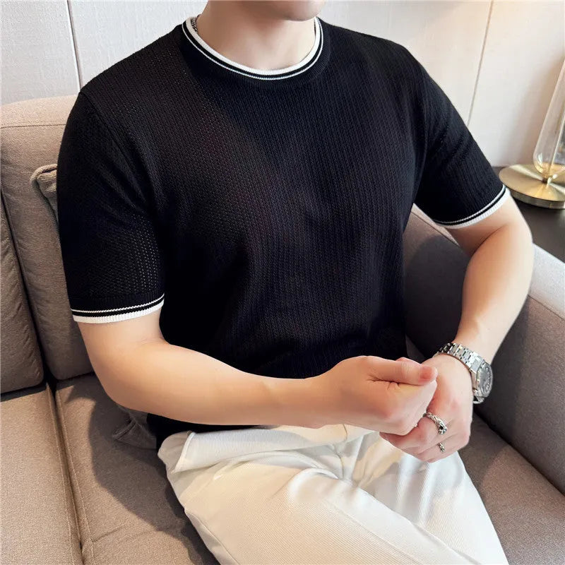 Men's round neck contrast colour stretch knitted short sleeve t-shirt in black, brown, and white