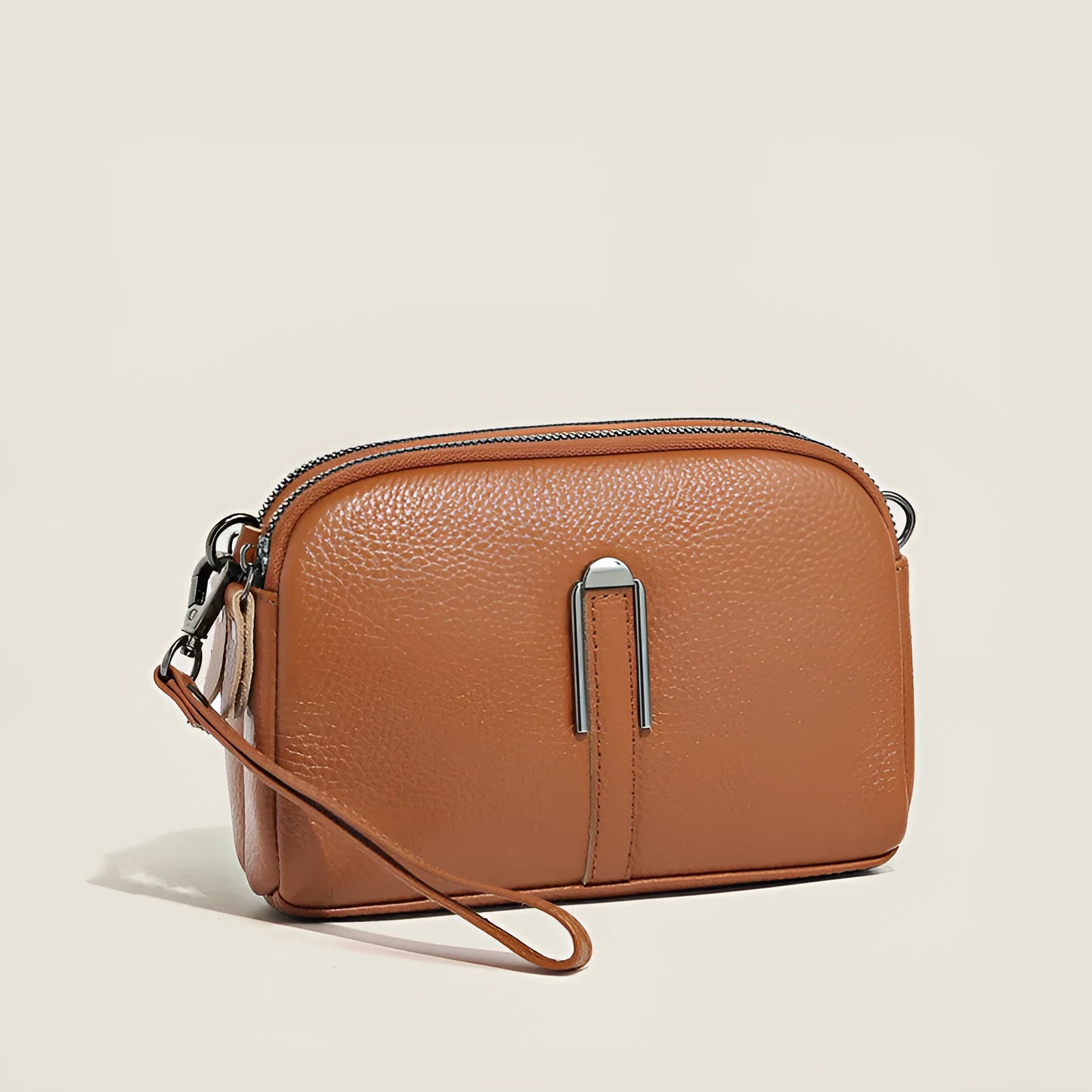 Minimalist crossbody bag in top-grain leather, horizontal square shape, spliced design, khaki colour