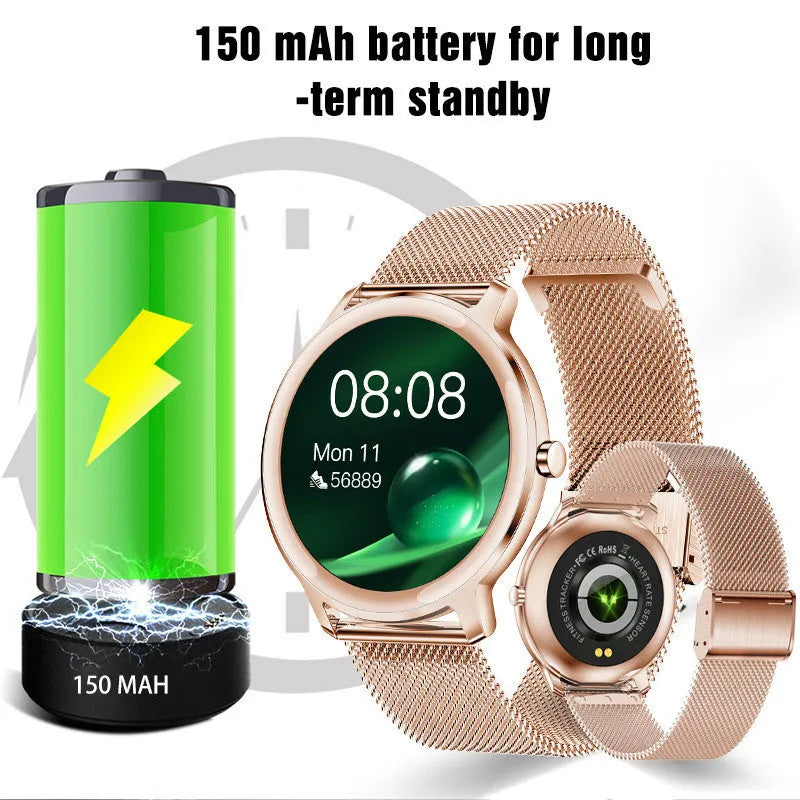Women's smart watch with touch screen on a silver stainless steel mesh wristband.