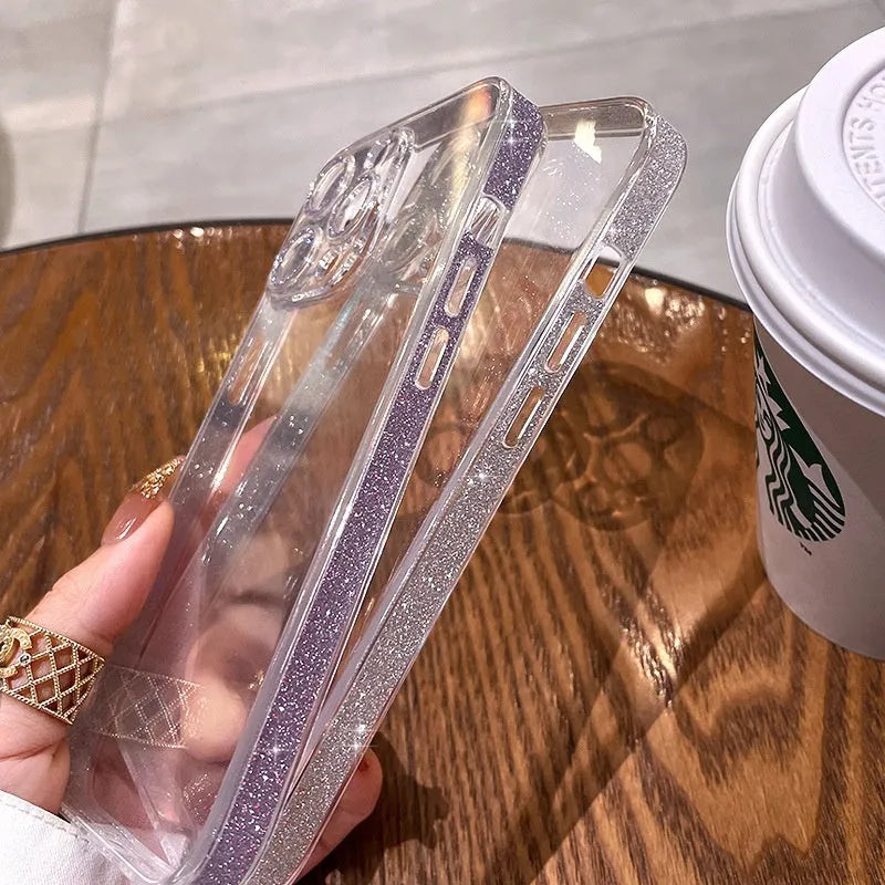 Starry glitter transparent glass phone case for iPhone 14 Pro Max with electroplated finish in Yuefeng blue