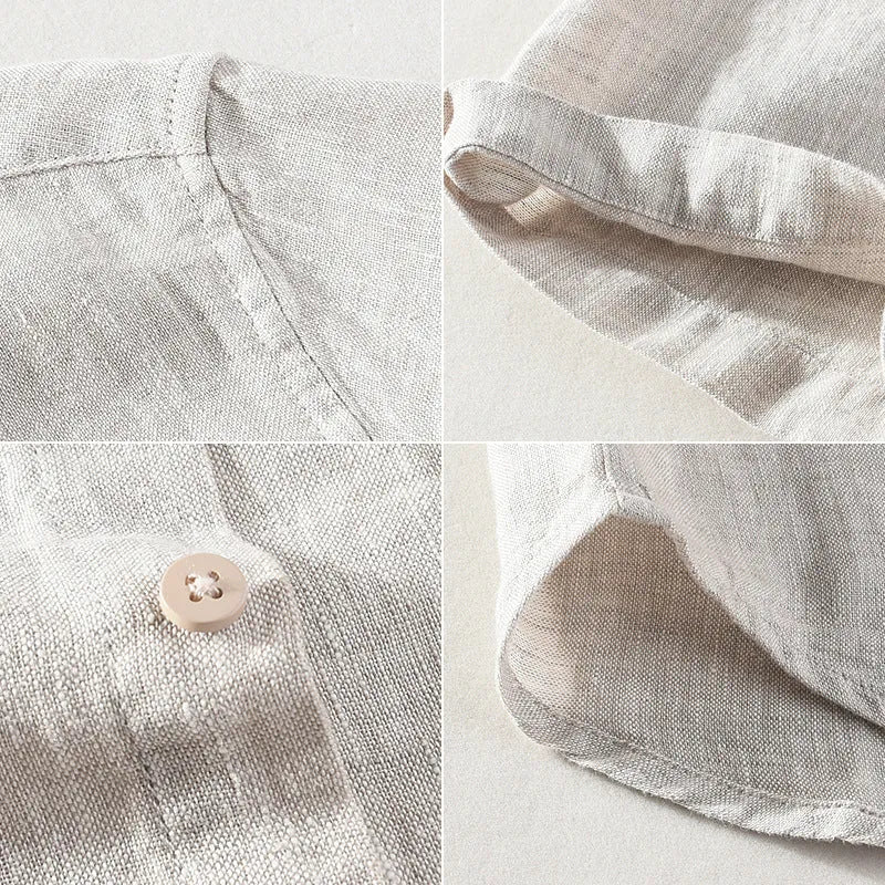 Men's raw jute linen short sleeve shirt with square collar and cardigan style.