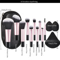 Mini makeup brush set with storage bag, artificial fibre and goat hair bristles, long handle, and air cushion puff