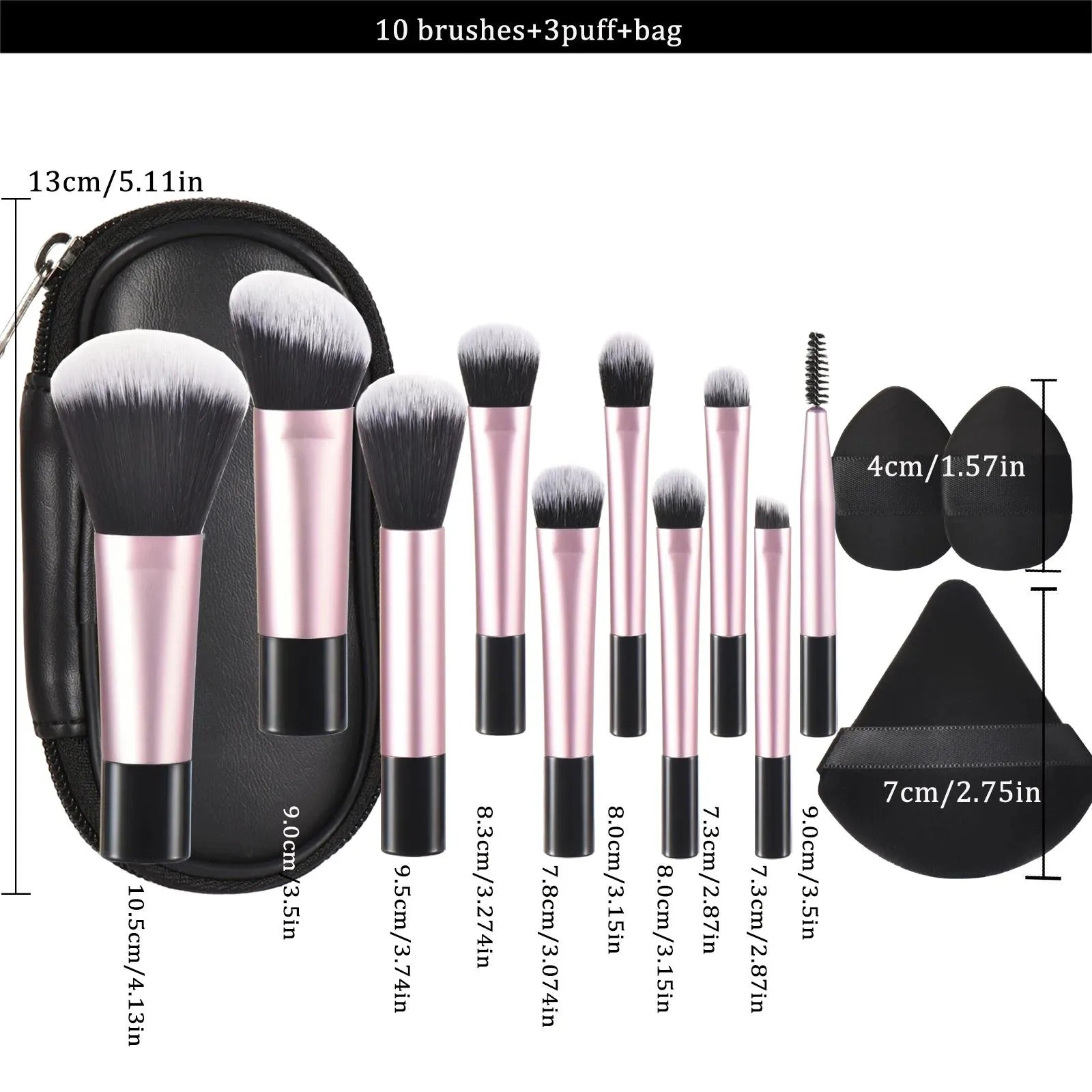 Mini makeup brush set with storage bag, artificial fibre and goat hair bristles, long handle, and air cushion puff