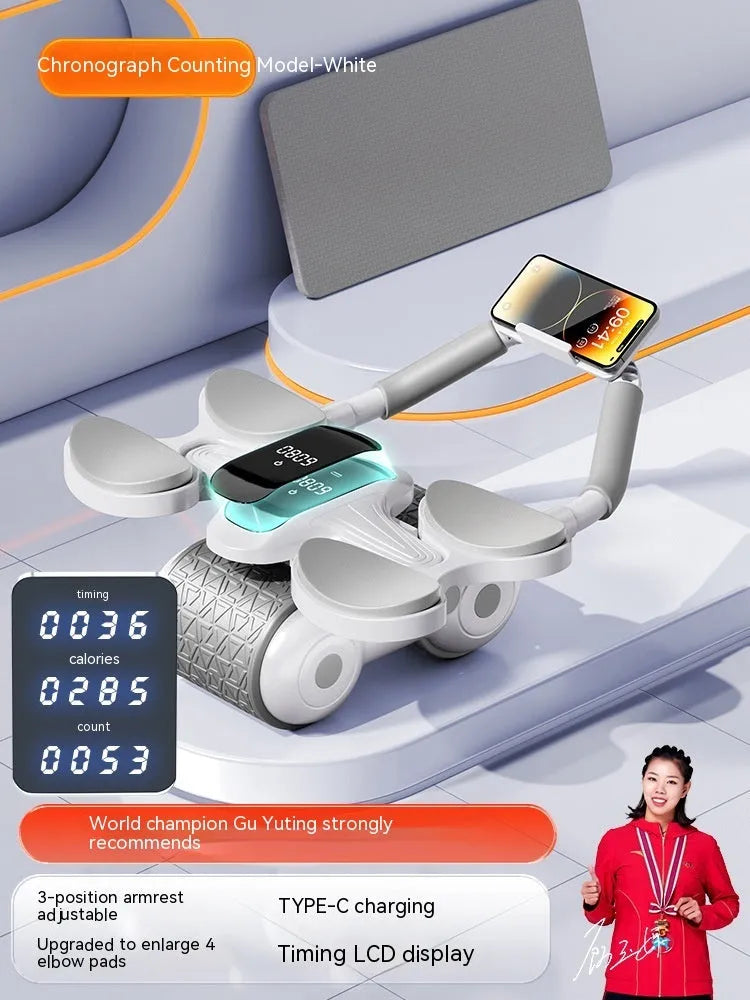White fitness roller equipment with LED timing screen for belly exercises