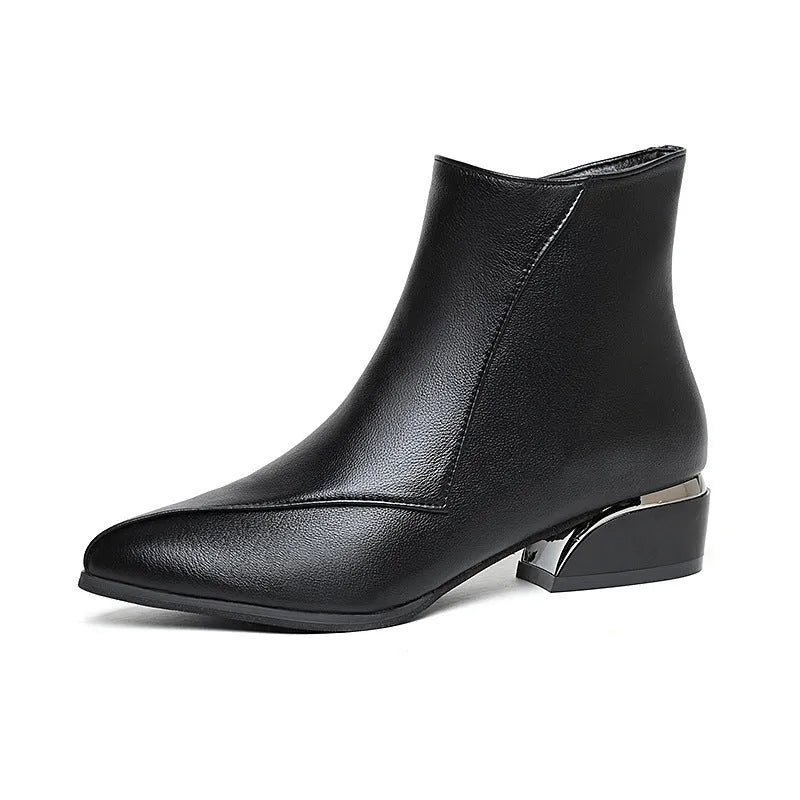 Women's chunky heel Martin boots in black with side zipper and leather stitch detail