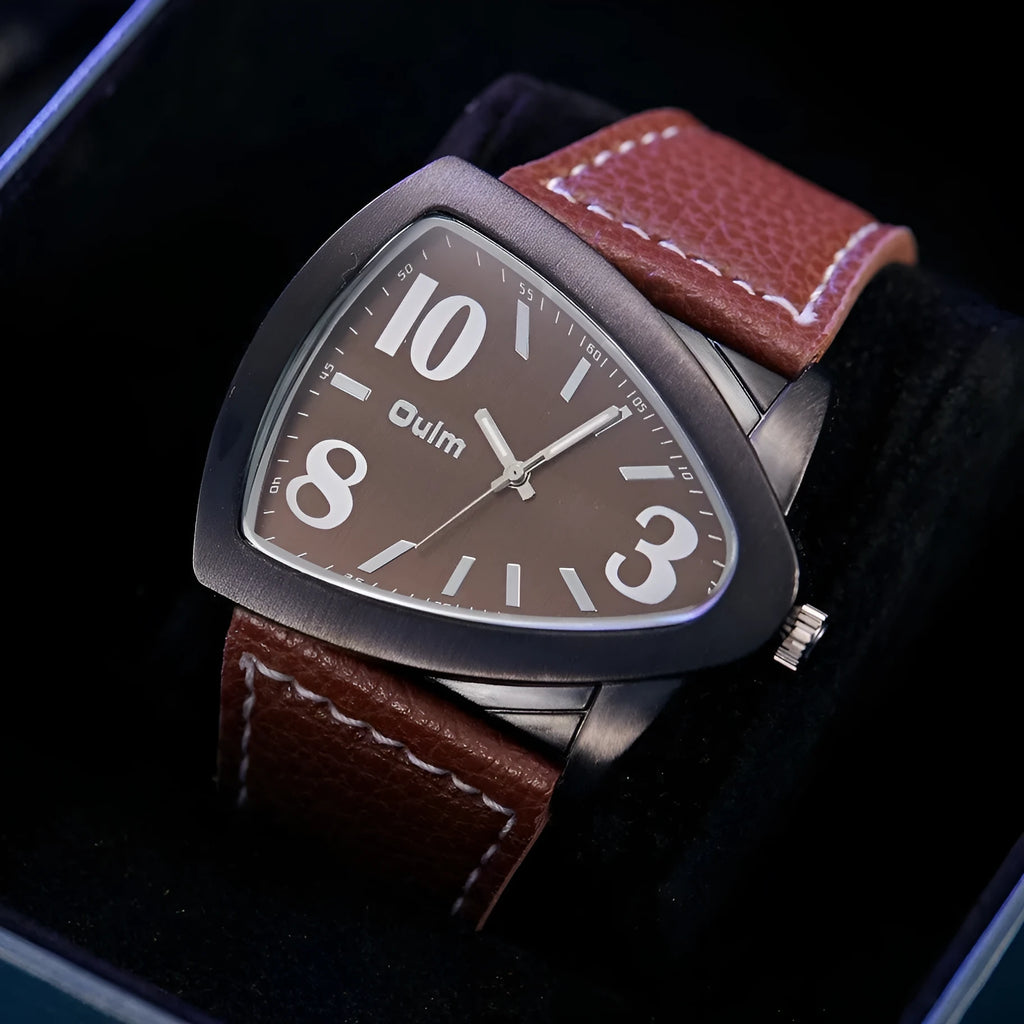 Men's brown casual quartz watch with triangle pattern belt strap showing 9mm thickness