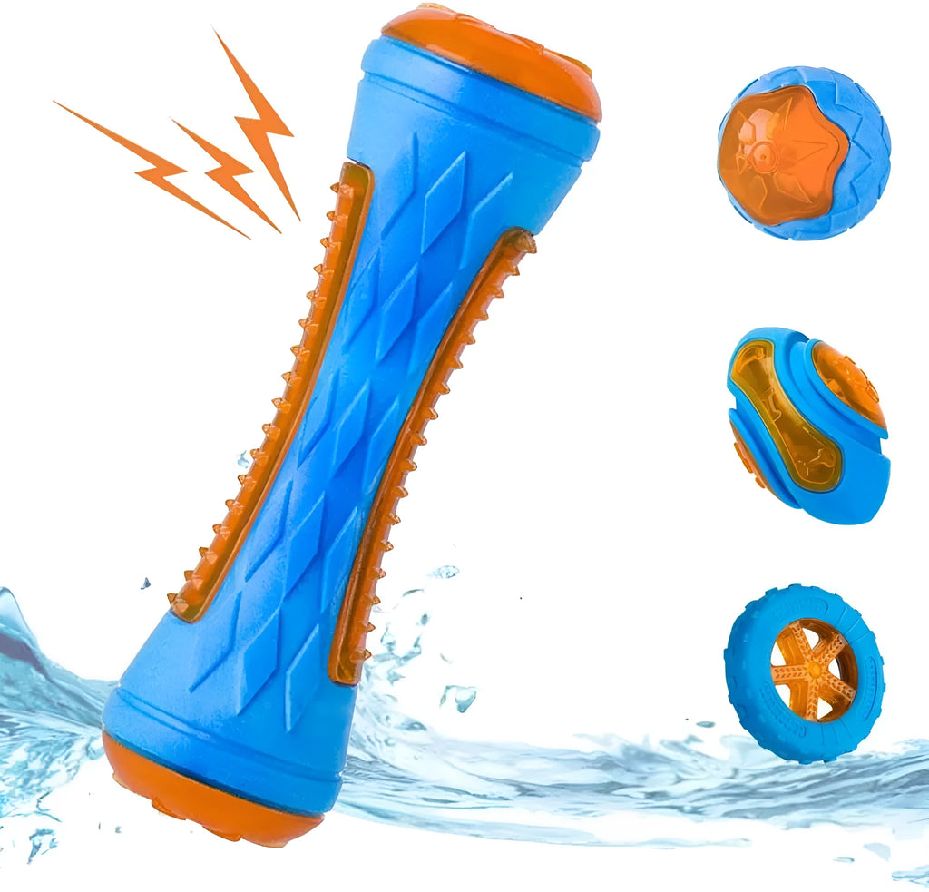 Three TPR dog toys - ball, barbell, and tires - with textured surfaces for teeth cleaning and floating capability