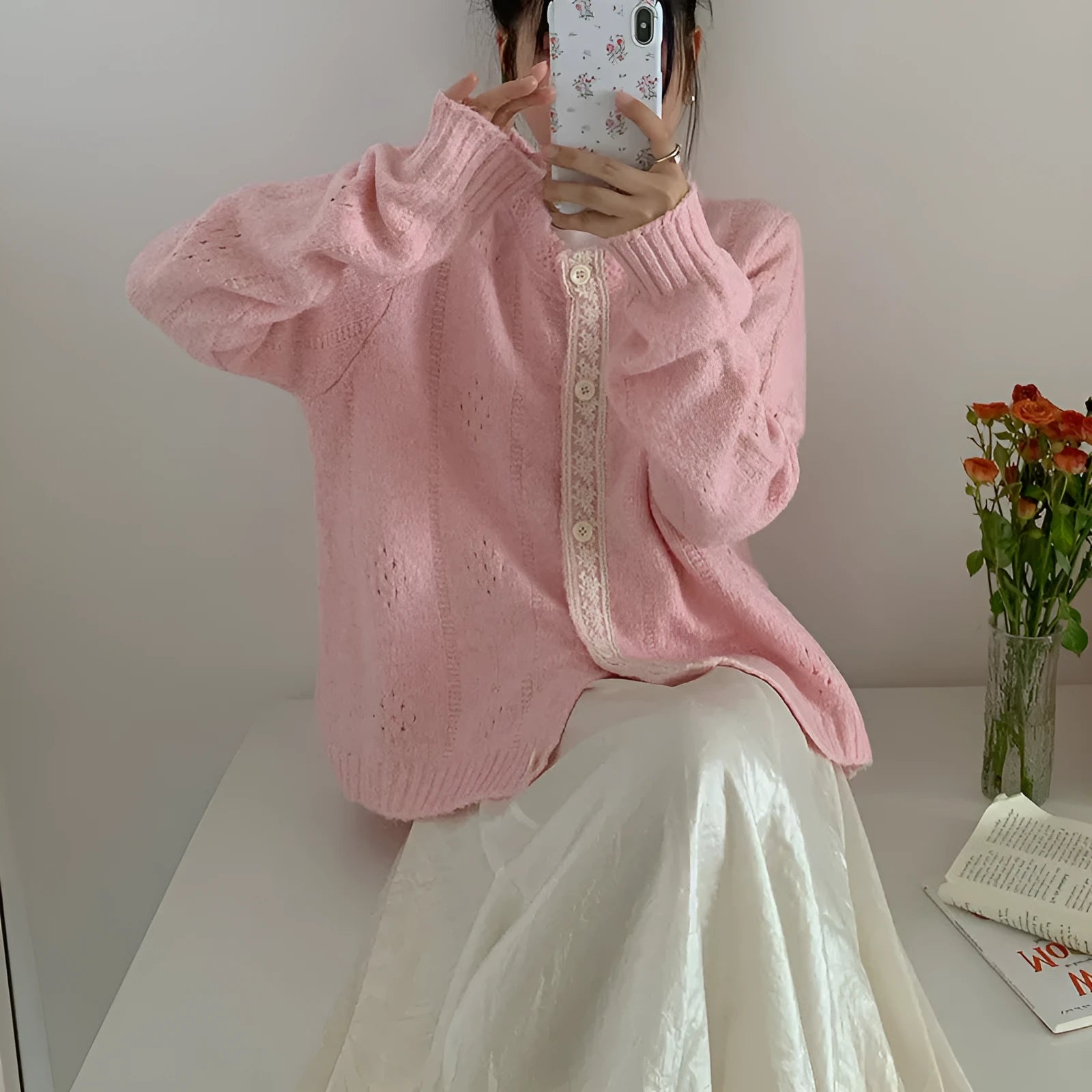Korean-style loose knit cardigan coat in artistic retro design, shown in apricot colour