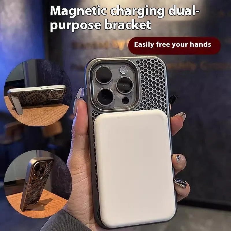 Magnetic suction breathable bracket phone case for Apple iPhone 16 Pro Max in titanium gray with metal acrylic build