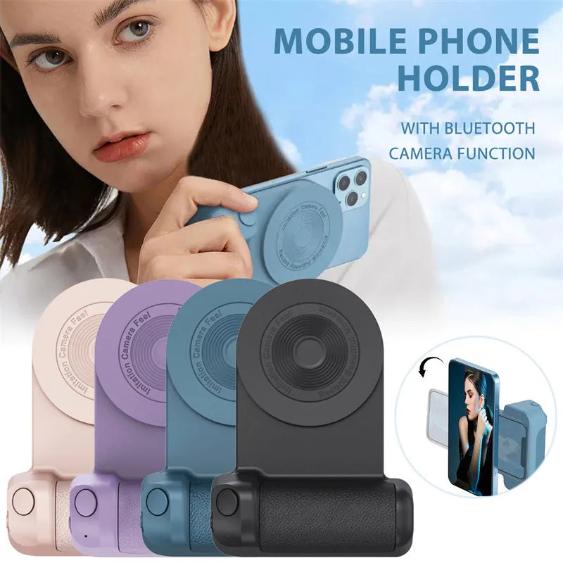 Black magnetic phone camera handle with rotatable design and PU leather grip on wooden table