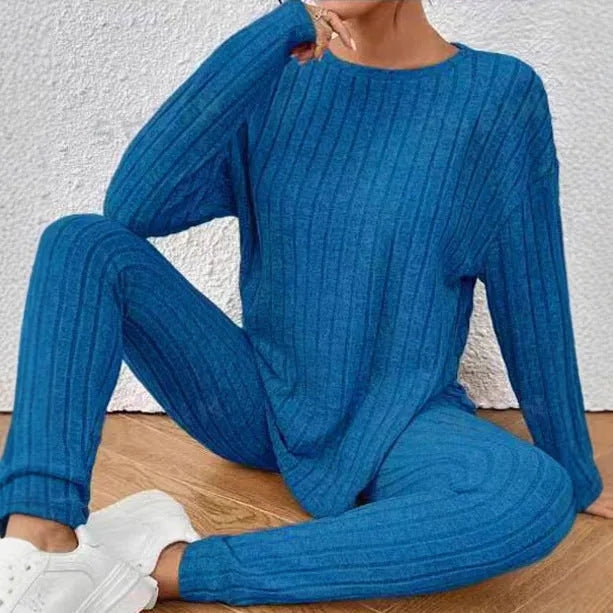Women's black sunken stripe pattern long sleeve top and trousers two-piece loungewear set