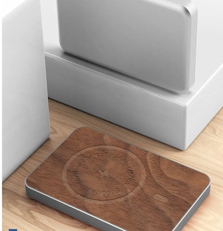 Khaki alloy wireless charging bank with magnetic suction showing 5000mAh capacity and USB port