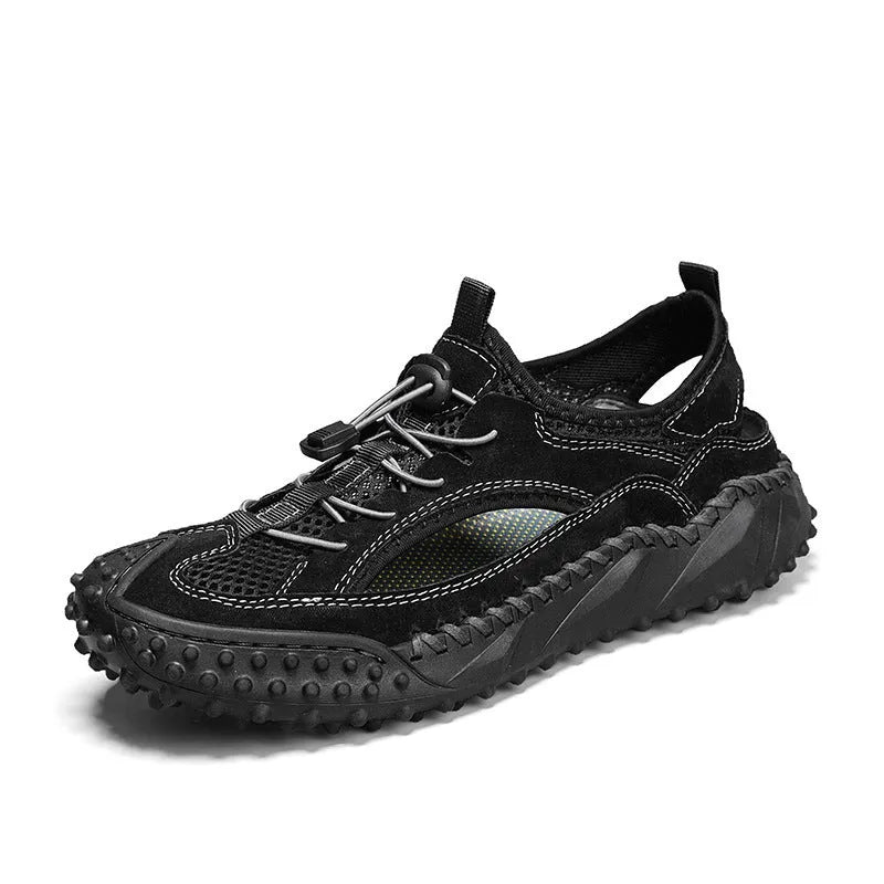 Men's black waterproof casual sports sandals with a leather mesh upper, elastic band, and rubber sole.