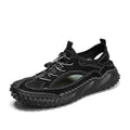 Men's black waterproof casual sports sandals with a leather mesh upper, elastic band, and rubber sole.