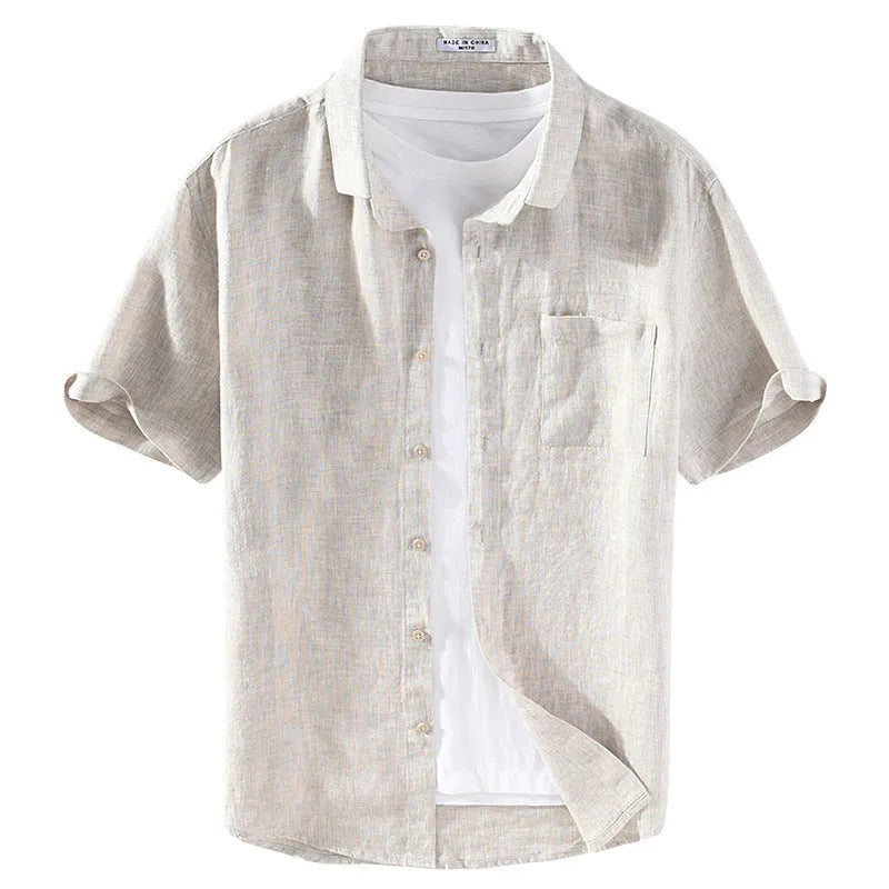 Men's raw jute linen short sleeve shirt with square collar and cardigan style.