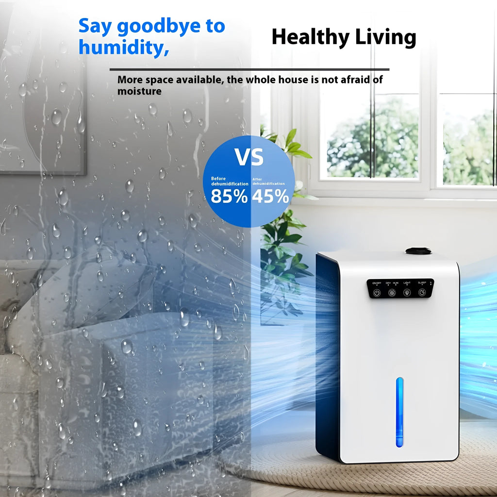 Milky white compact household dehumidifier with water tank for rooms up to 20 square metres