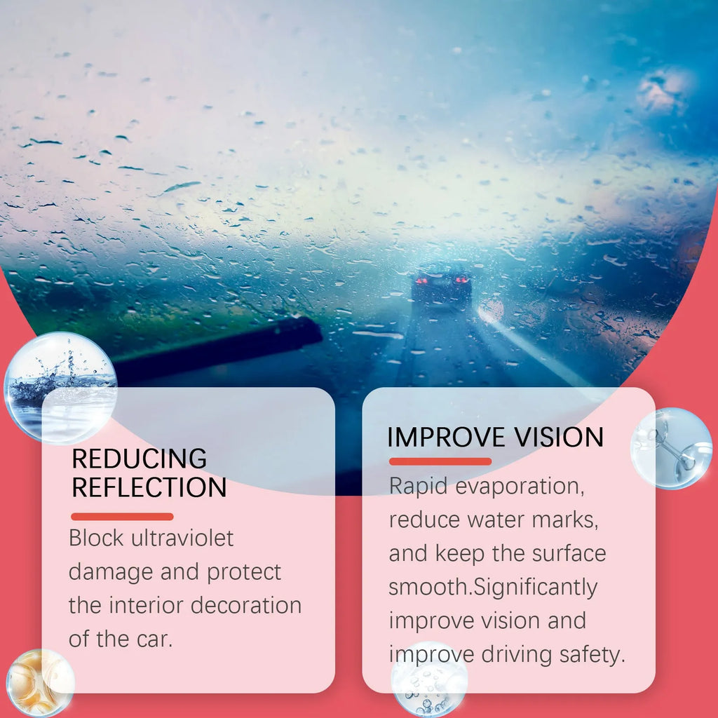 Car glass oil film cleaner with integrated liquid brush and reusable foam sprayer on a windshield
