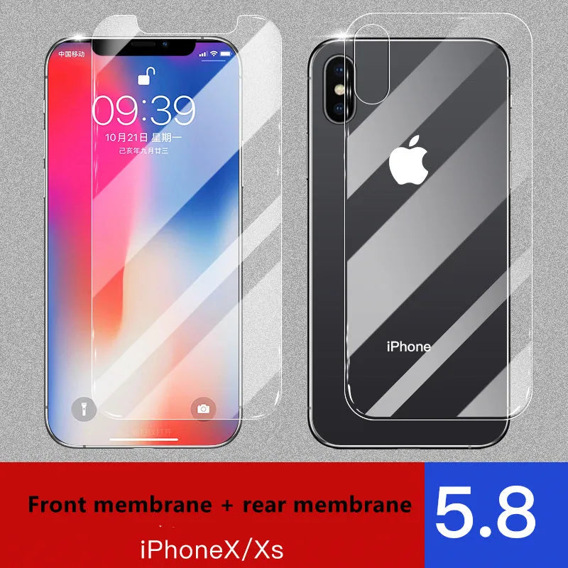 Apple iPhone tempered glass screen protector set showing front and rear film with true 10D explosion-proof construction