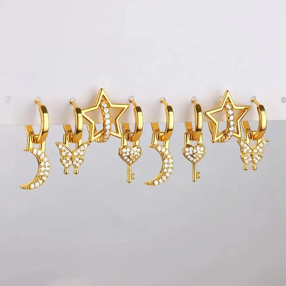 Women's copper geometric butterfly earrings with heart, star, and bow details in multiple colour options.