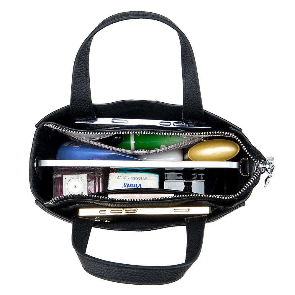 Genuine leather handbag shoulder crossbody in black, first layer cowhide, horizontal square shape