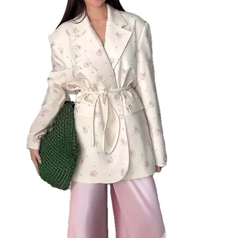 Women's collar lace-up waist-tight suit jacket in polyester available in multiple colours and sizes