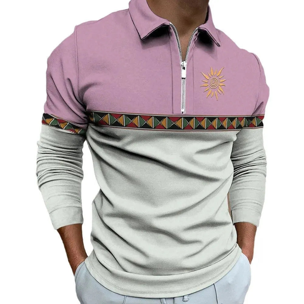 Men's loose-fit long-sleeve t-shirt with retro colour printing and zip decorations on sleeve