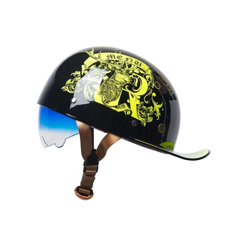 Men's retro half helmet for electric bicycles in bright black with blue gradient lens.