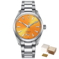 Men's stainless steel automatic watch with SEIKO NH35 movement, black dial, and butterfly clasp on a white background