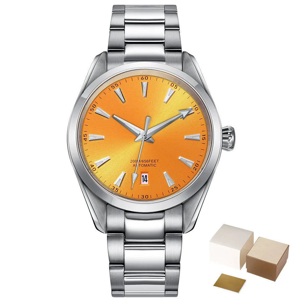 Men's stainless steel automatic watch with SEIKO NH35 movement, black dial, and butterfly clasp on a white background