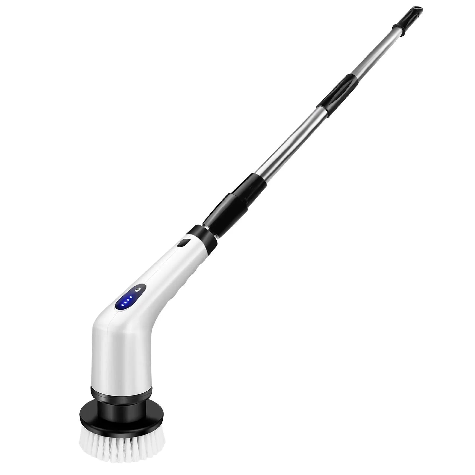 White handheld rechargeable cleaning ball with brush and international power adapters.