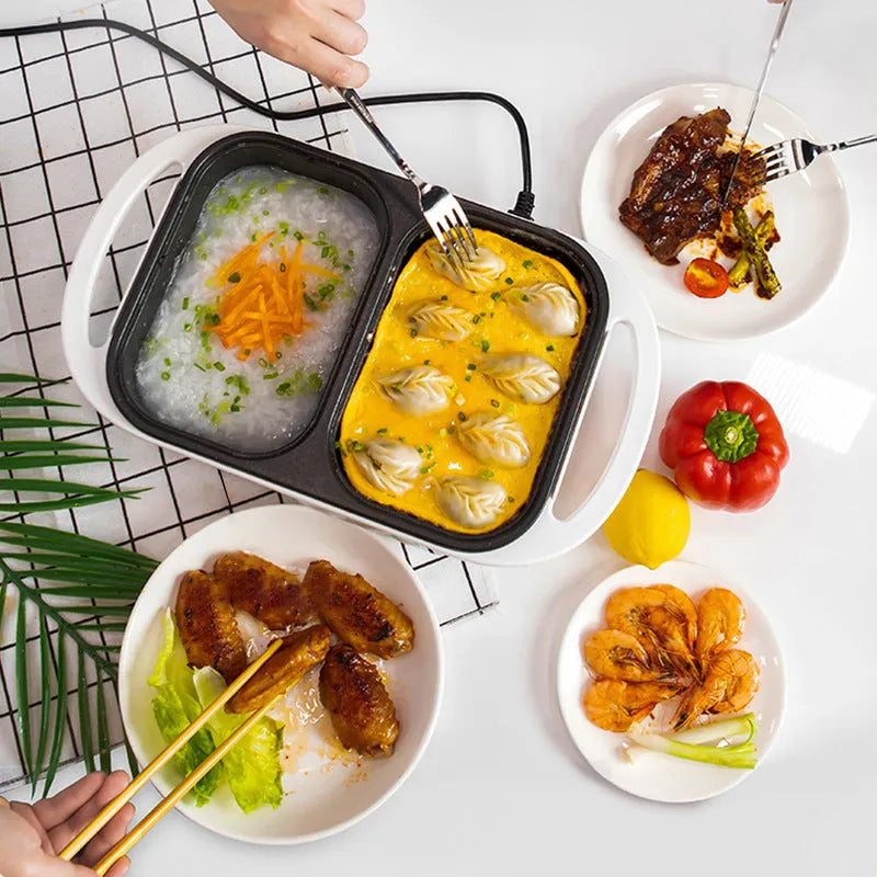 White or green dual-function electric hot pot with mechanical controls and compact design