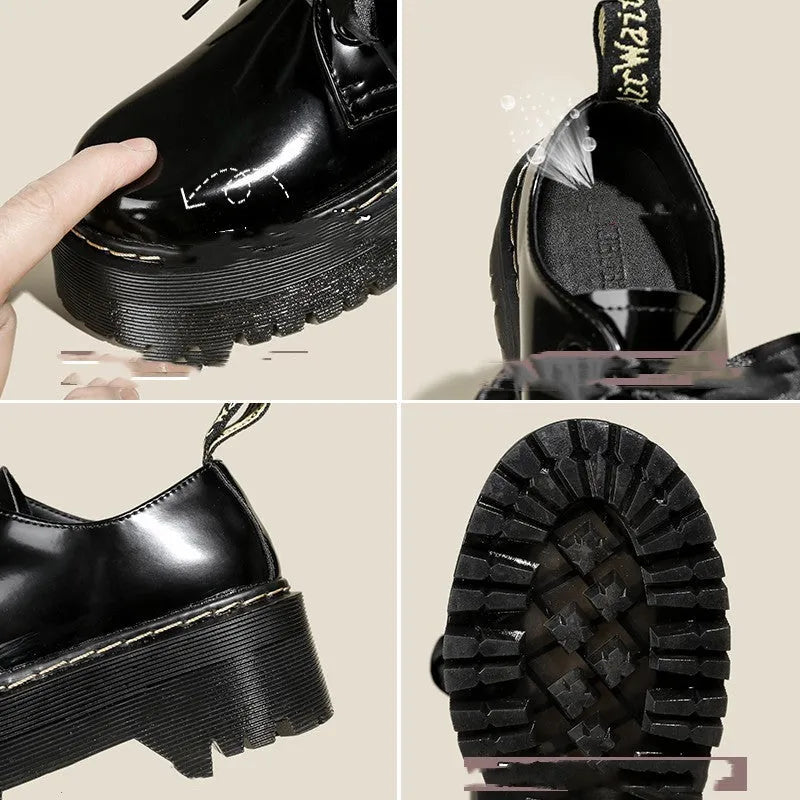 Women's thick-soled black shoes with cross strap and ribbon detail, lace-up closure