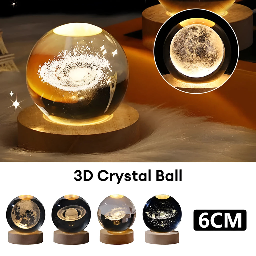 3D crystal ball night lamp with starry sky planets and moon projection on wooden base
