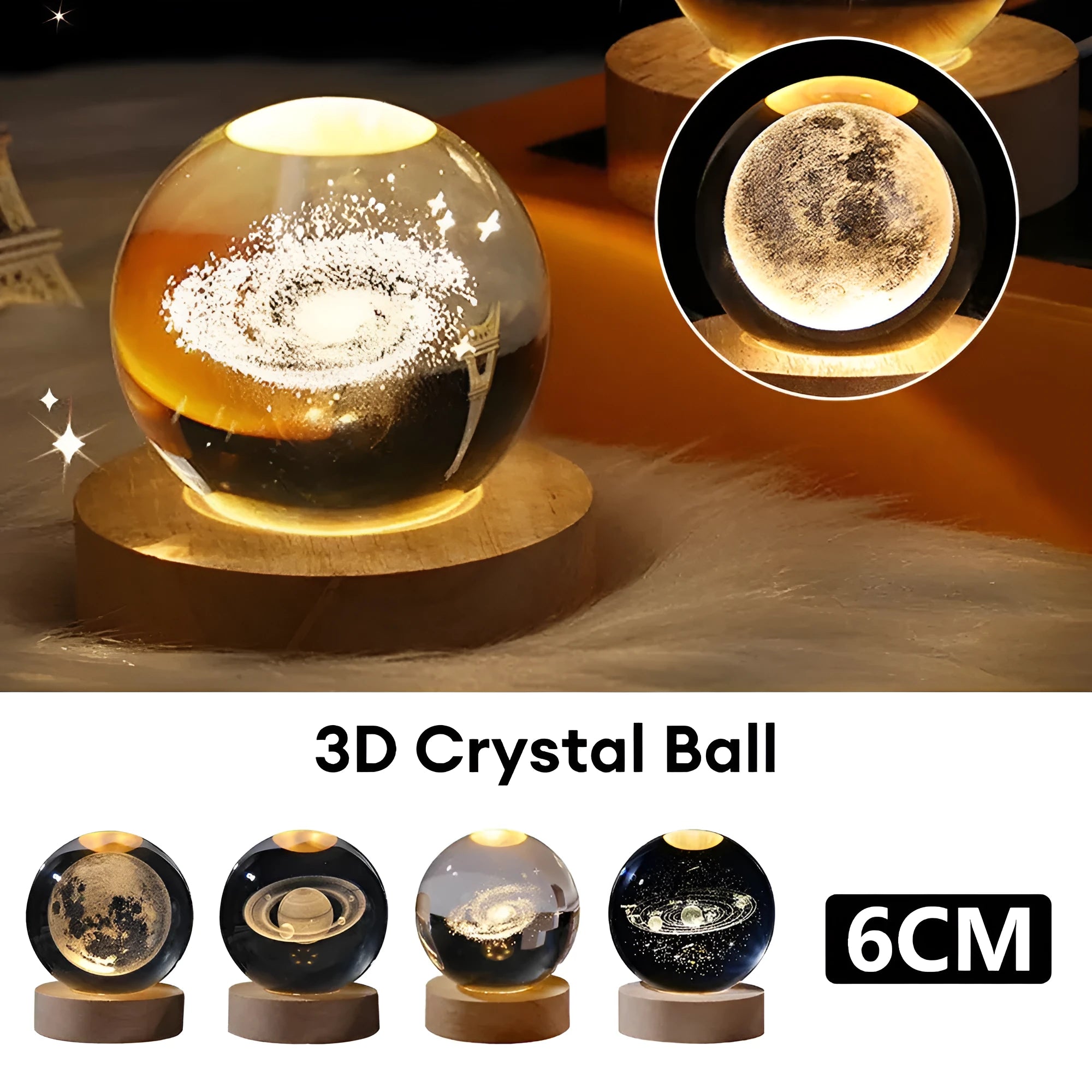 3D crystal ball night lamp with starry sky planets and moon projection on wooden base