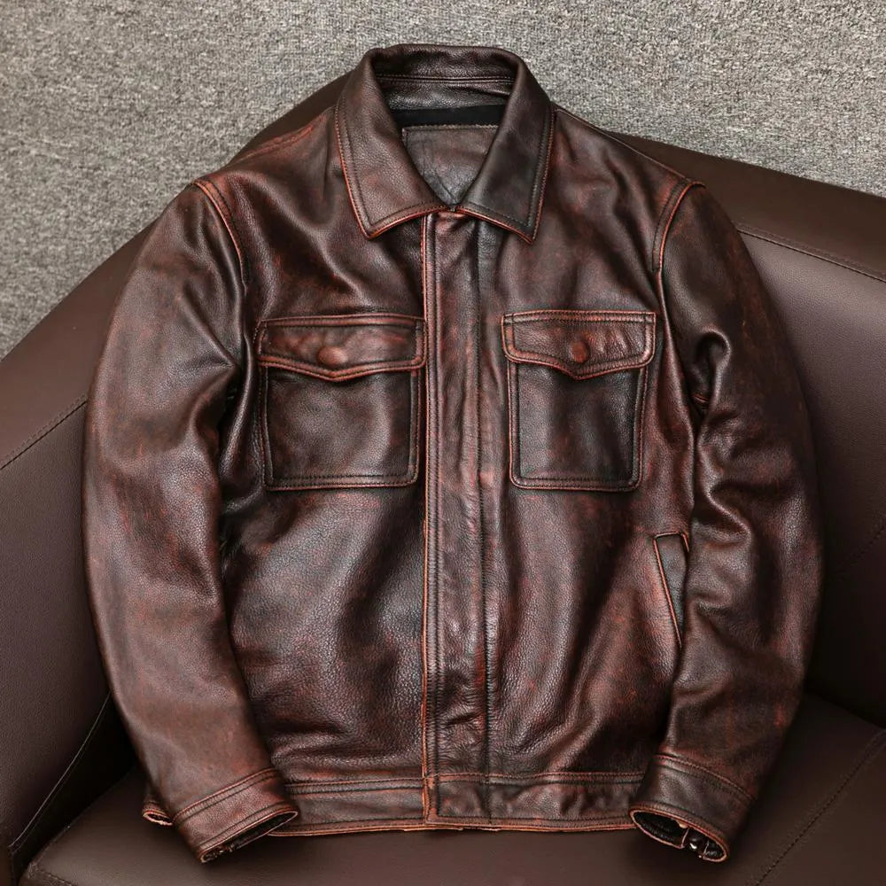 Men's black plus size PU leather jacket with side pockets on a mannequin, showing loose fit.